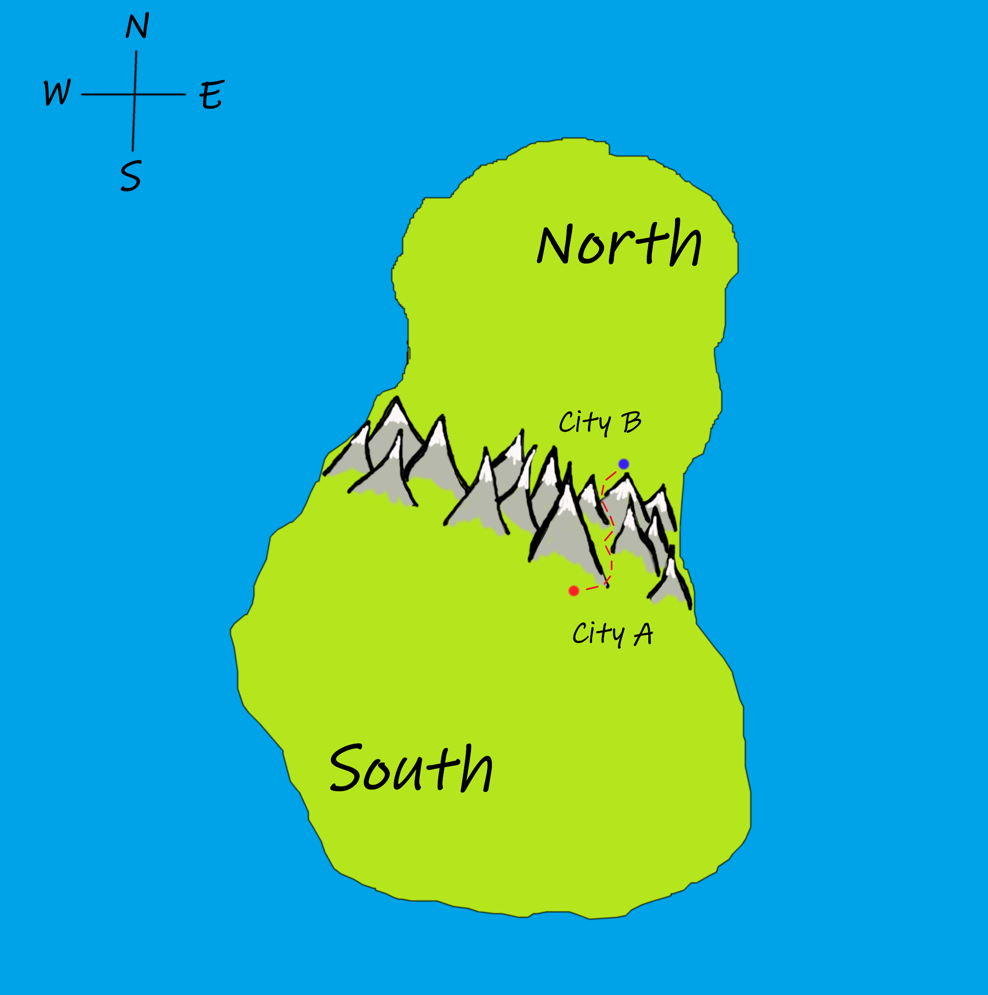 an island with two trading cities on the mountainous border